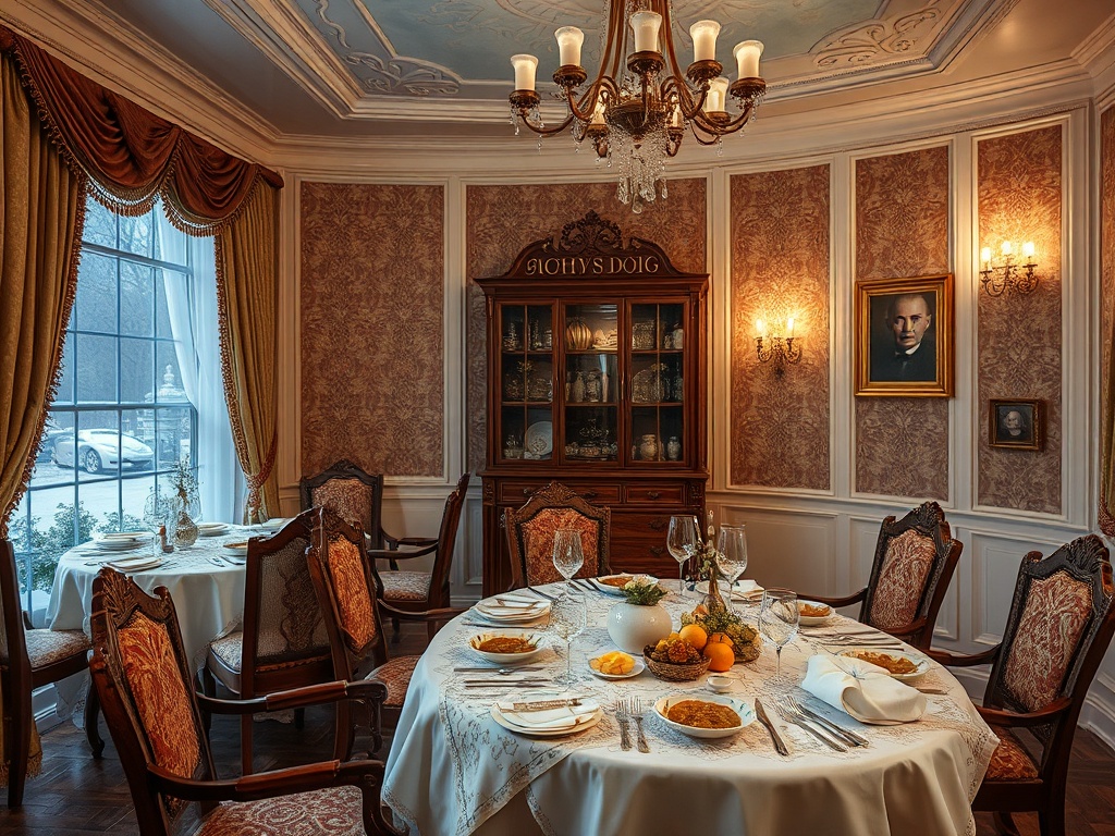 Элегантный стол с угощениями в уютной обстановке, украшенной классическими элементами.