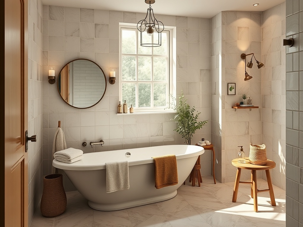 Современная ванная комната с ванной, зеркалом и растениями, наполненная светом и уютом.