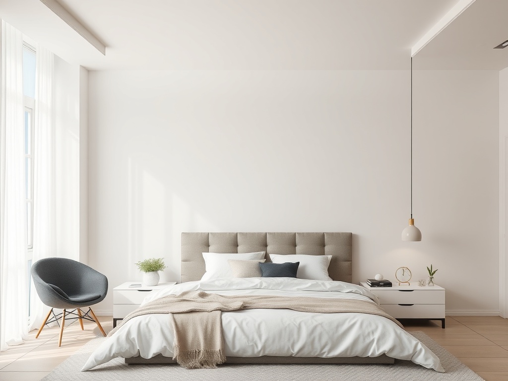 Современная спальня с кроватью, мягкими подушками и уютными деталями в светлых тонах.
