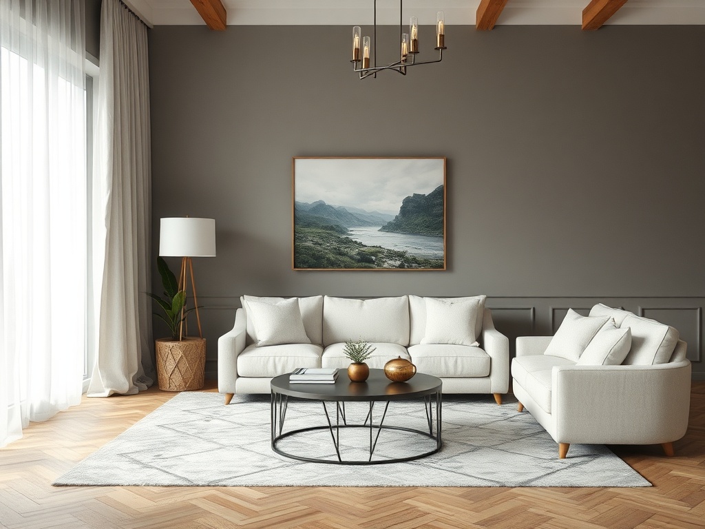 Современный светлый интерьер: уютный диван, столик, картина на стене и большие окна с занавесками.