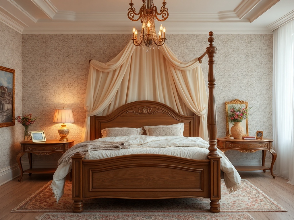 Современная спальня с деревянной мебелью, большой кроватью и уютным освещением. Тёплая и стильная атмосфера.